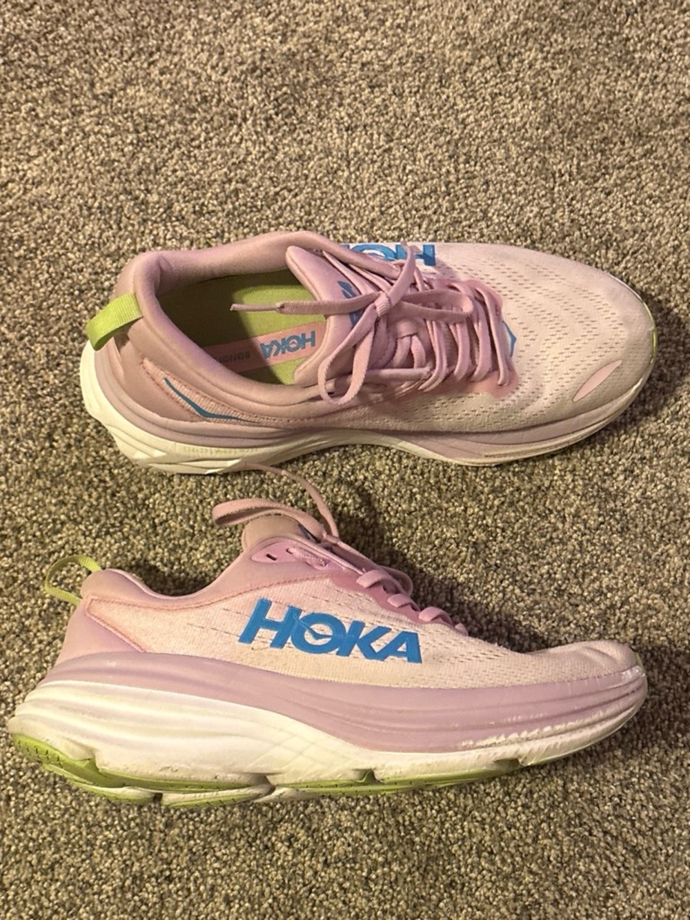 Hoka Women's Light Pink Athletic Running Shoes with Blue Logo and Lime Accents